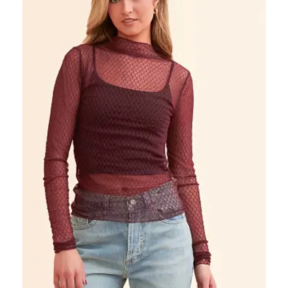 FREE PEOPLE INTIMATELY WINE MINDING MY BUSINESS SHEER LAYERING TOP SHIRT SZ XS
